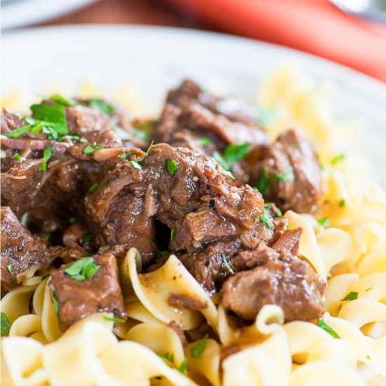 Tender Beef Tips on Egg Noodles