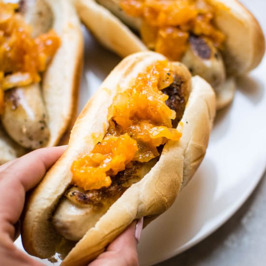 Brats with Spicy Apricot Sauce