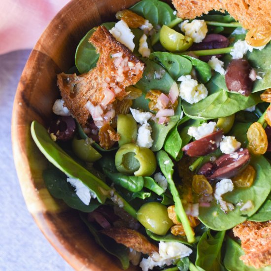 Spinach Salad w/ Olives and Chevre