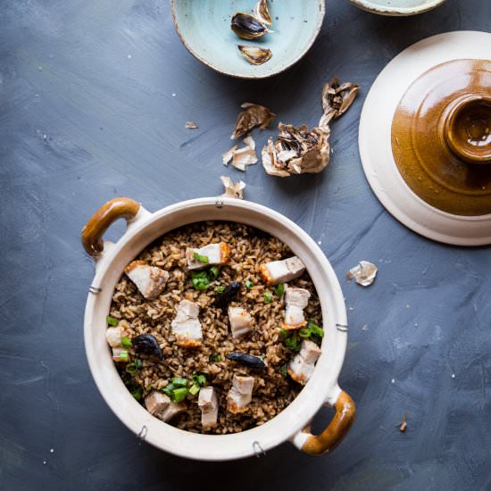 Crispy Roast Pork with Black Garlic Rice