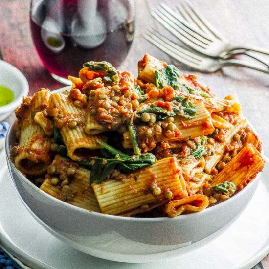 Easy Rigatoni with Lentil Bolognese