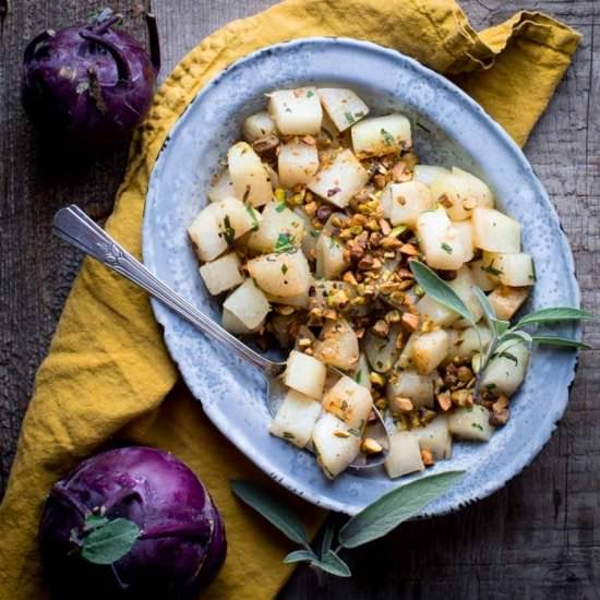 kohlrabi with pistachios and sage