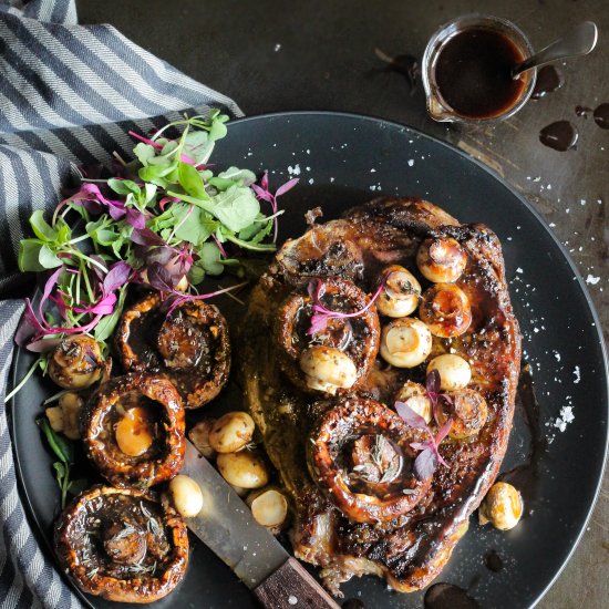 Teriyaki roasted mushrooms on steak