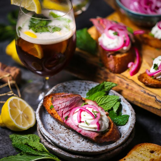 Lamb Crostini + Bourbon Beer Cocktal