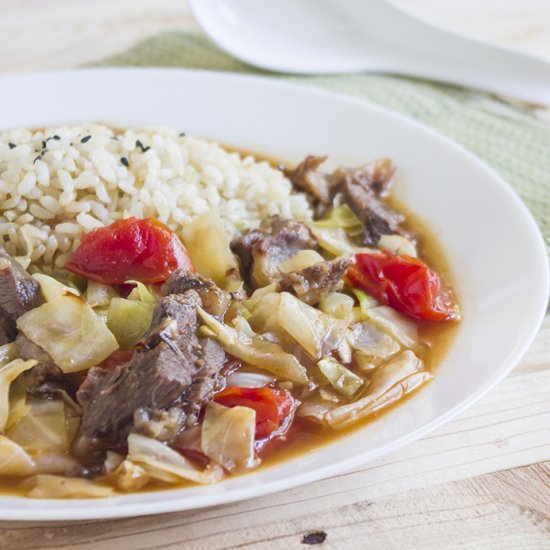 TOMATO BEEF GRAVY OVER RICE