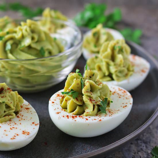 Easy Devilled Avocado Garlic Eggs