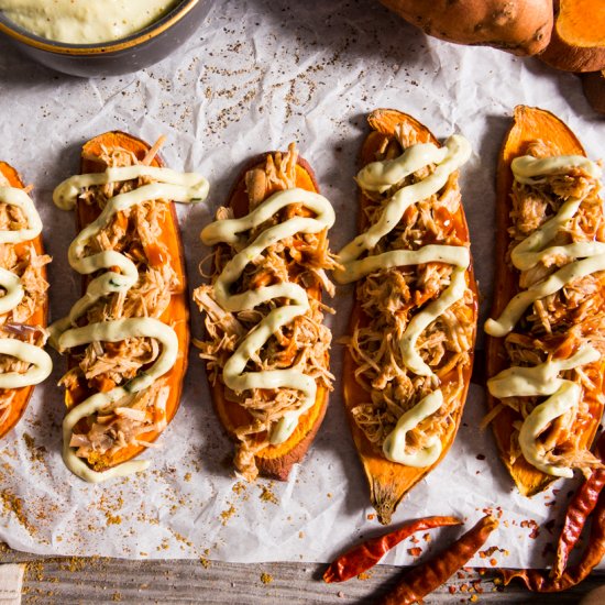 Buffalo Chicken Sweet Potato Toasts