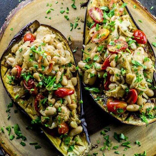 Fennel White Bean Stuffed Eggplant