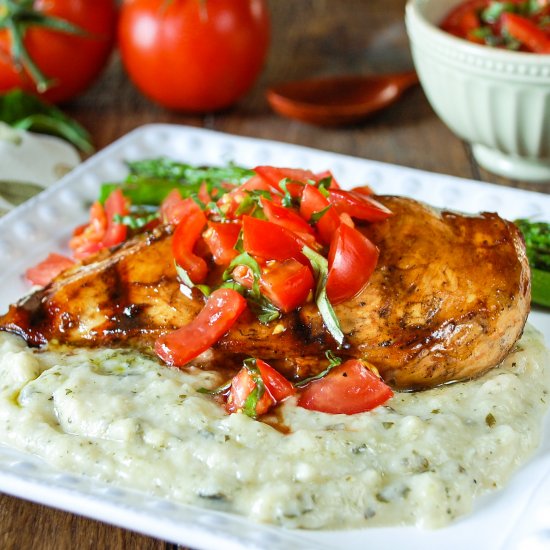 Bruschetta Chicken over Cauli-Mash