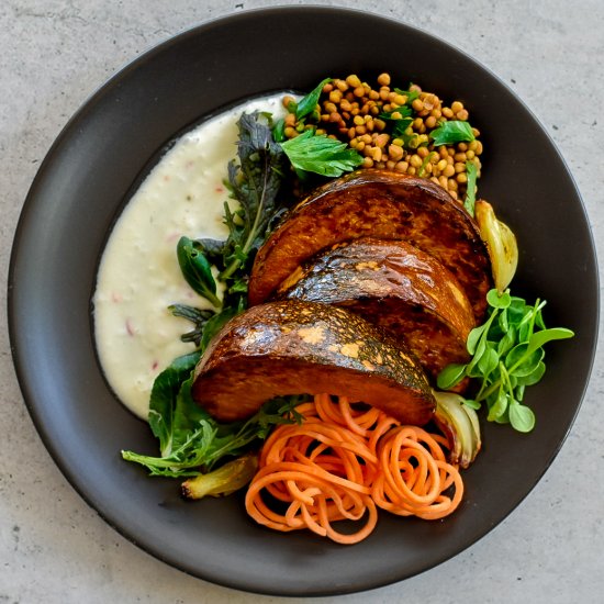 Roast Pumpkin and Lentil Salad With Sweet Potato Noodles