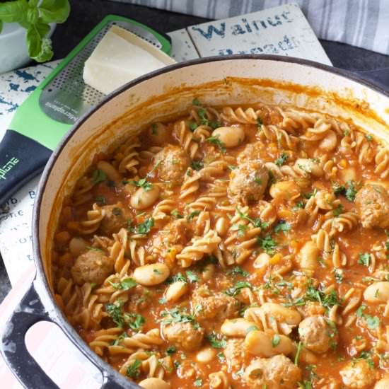 One Pot Beans & Meatballs Pasta