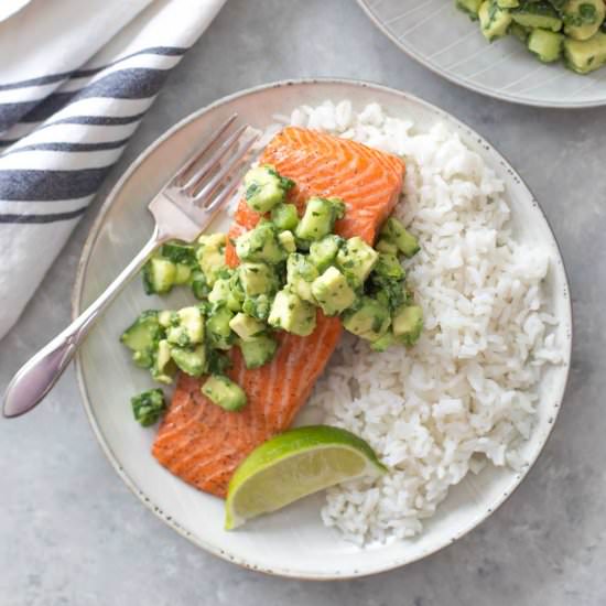 Salmon with Avocado Cucumber Salsa