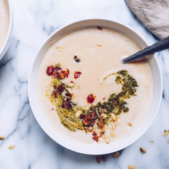 Cauliflower Soup w/ Pesto & Bacon