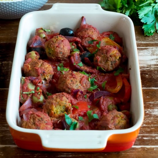 Falafel & roasted vegetable bake