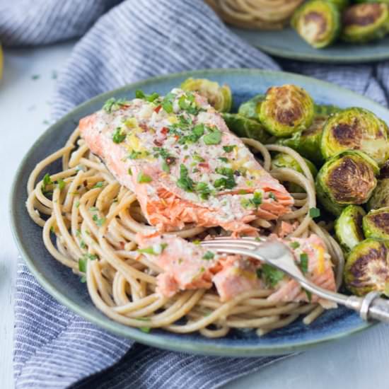 Garlic Lemon Butter Salmon Pasta