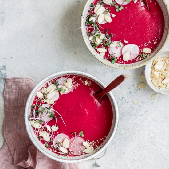 Vegan beet potato and leek soup