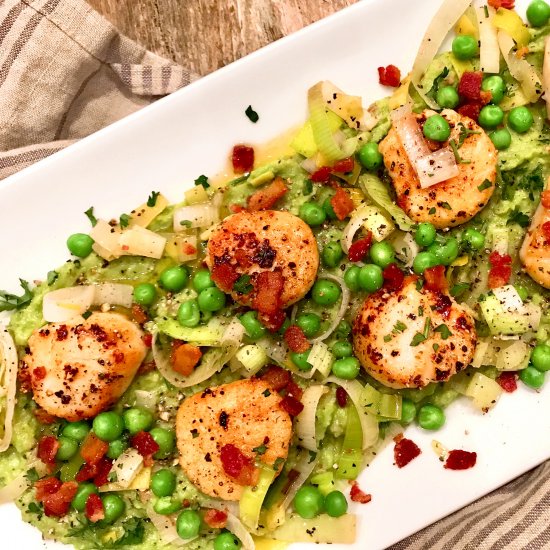 Scallops + Bacon, Leek, Pea Puree