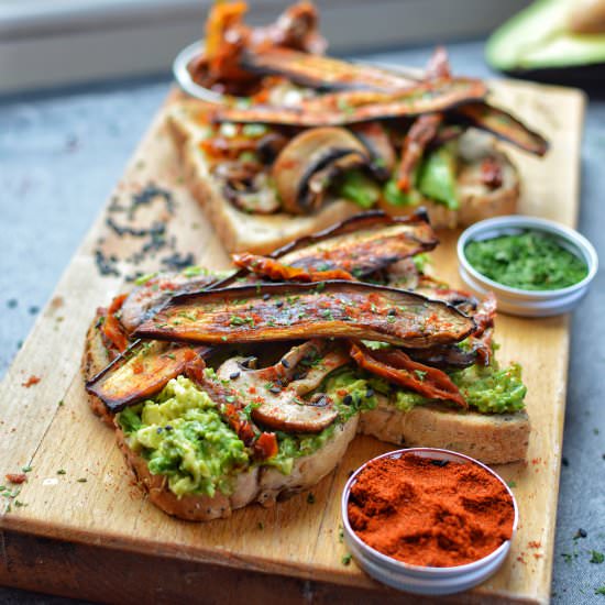 Aubergine “bacon” on avocado toast