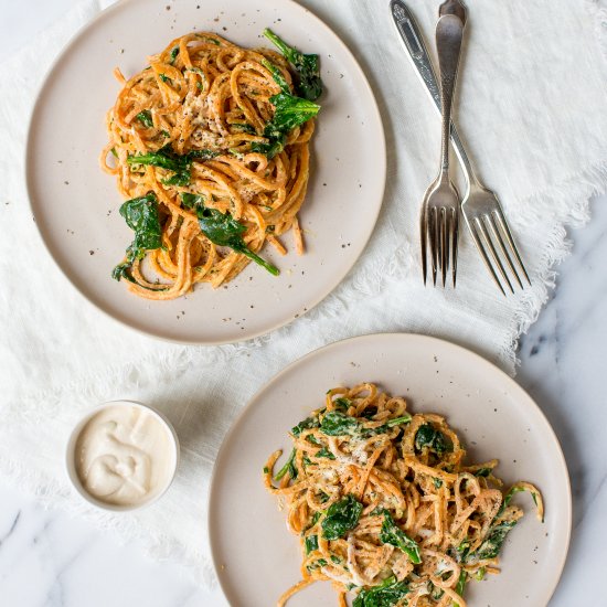 spiral sweet potato + cashew cream