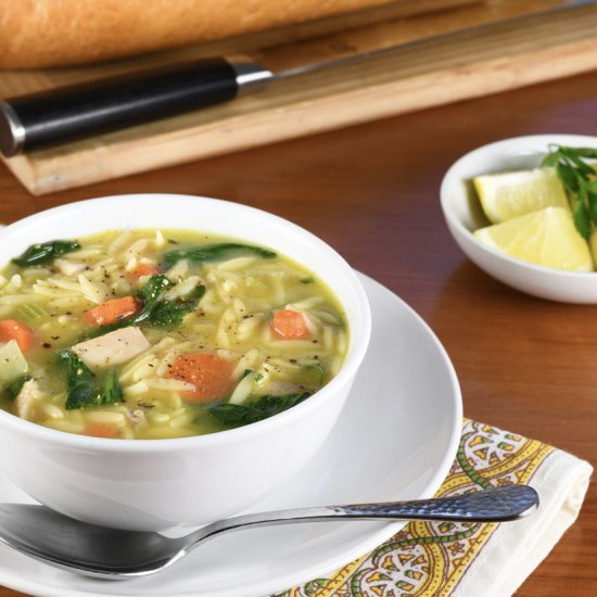 Lemon Chicken Orzo Soup with Spinach