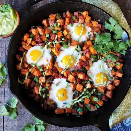 Sweet Potato Hash w/ Baked Eggs