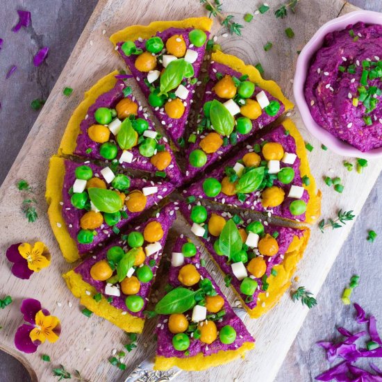 Socca pizza with purple hummus