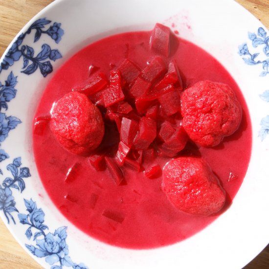 PINK BEET SOUP WITH MATZO BALLS