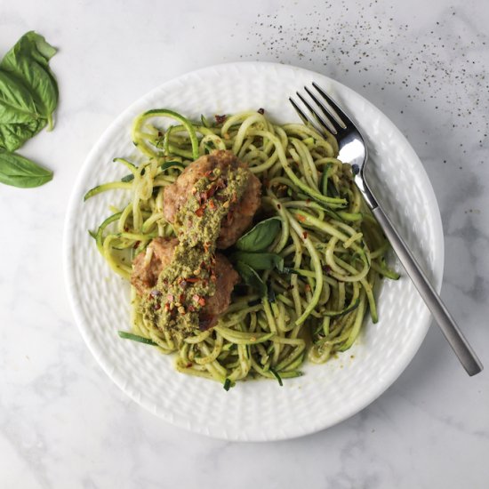 Kale Pesto Zoodles with Meaballs