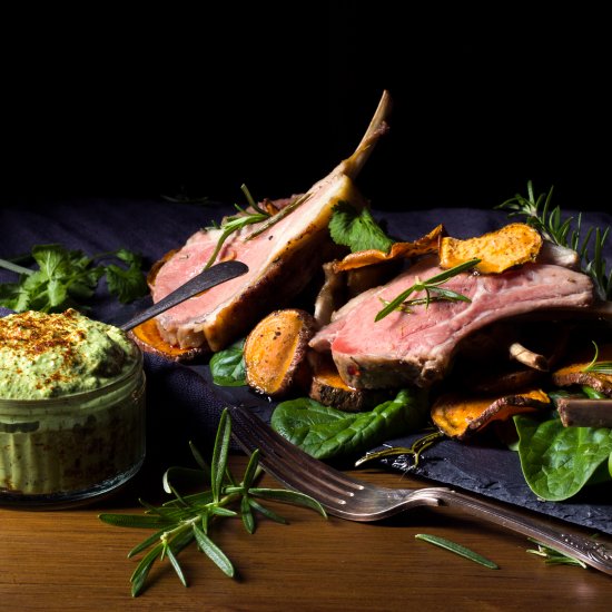 Lamb Lollipops with cashew mint dip