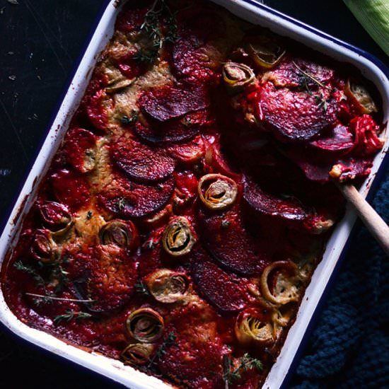 Beetroot & Leek Gratin