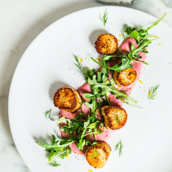 Pan Seared Scallops with Beet Sauce