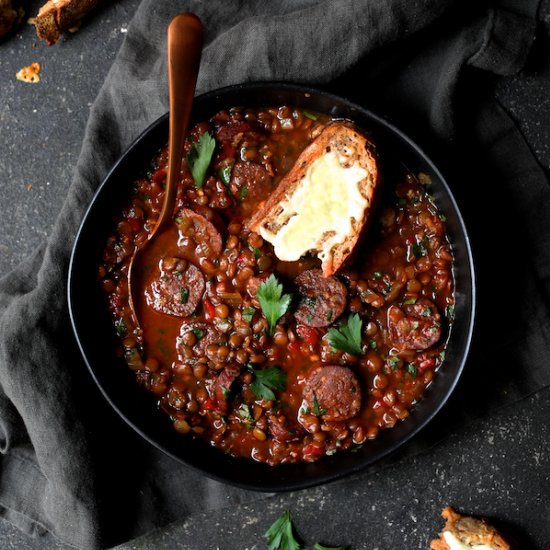 Soupy Spanish Lentils w/ Chorizo