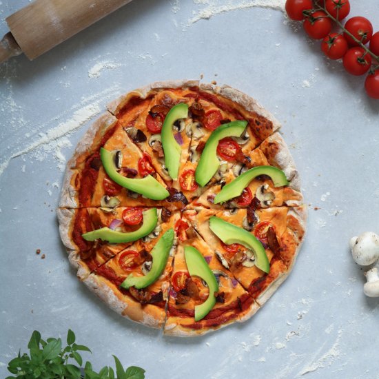 Vegan Coconut Bacon and Avo Pizza