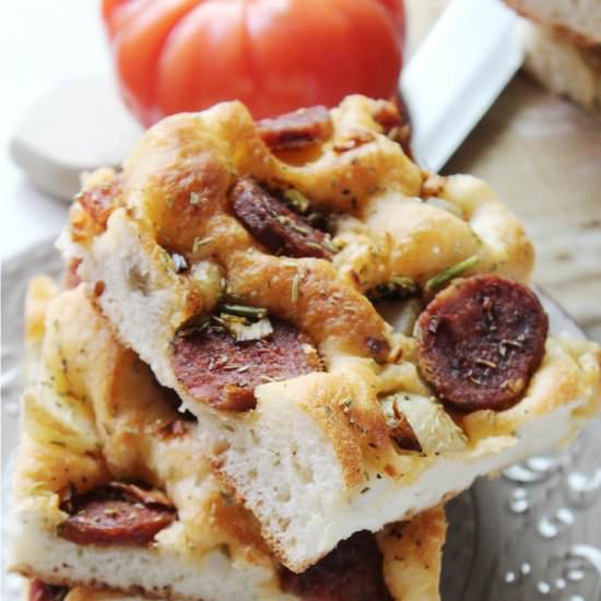 Focaccia with potatoes and chorizo