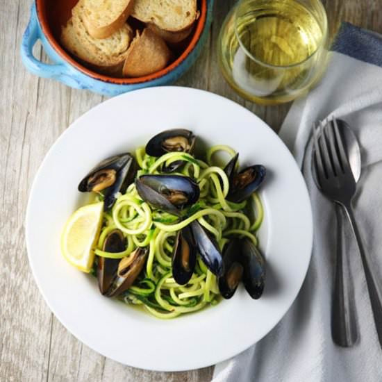 White Wine Mussels with Zoodles