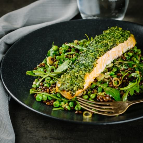 Herb Crusted Baked Salmon With Peas