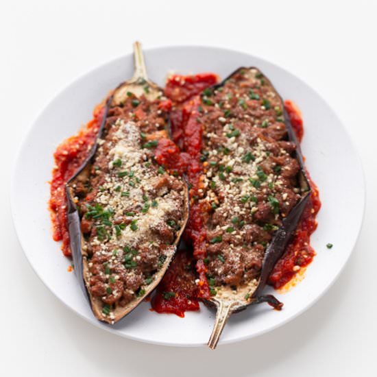 Vegan Bolognese-Stuffed Eggplant