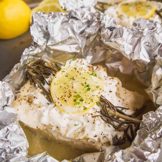 Foil Packet Lemon Rosemary Halibut