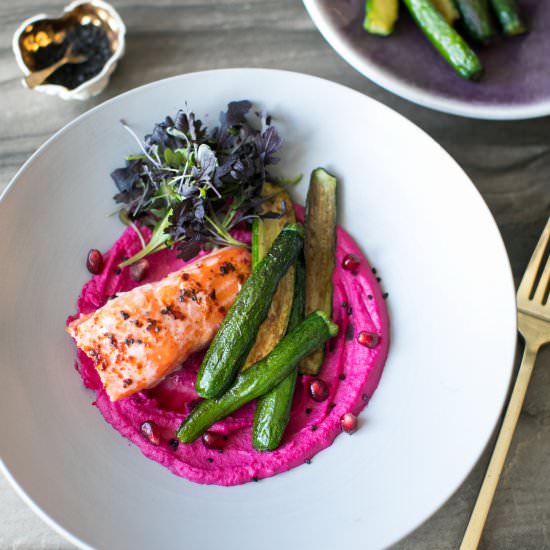 Roasted salmon with beet hummus