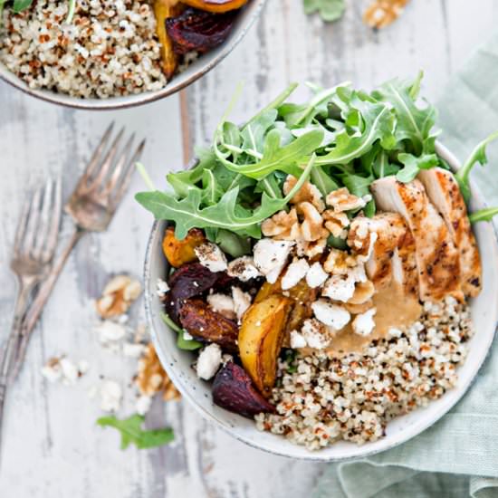 Chicken, Beet, Arugula Quinoa Bowl