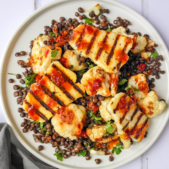 Warm halloumi & puy lentil salad