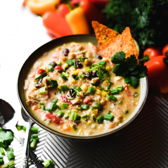 Cheesy Quinoa Chicken Taco Soup