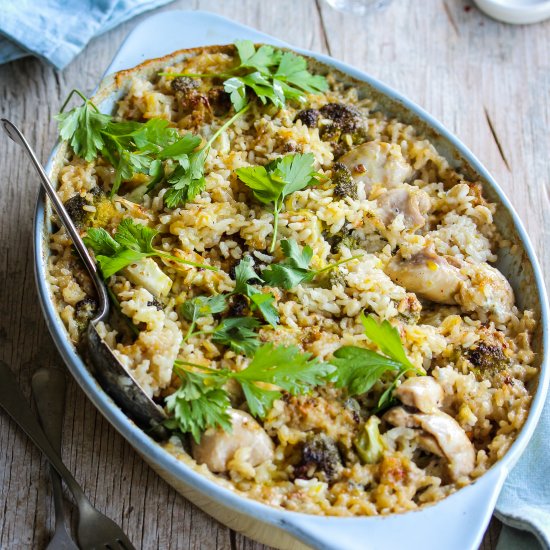 Baked risotto with boneless chicken