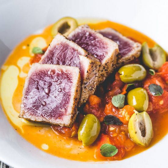 Seared Tuna + Tomato & Olive Sauce