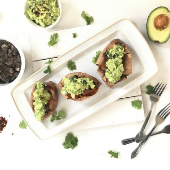 loaded sweet potatoes + spicy guac