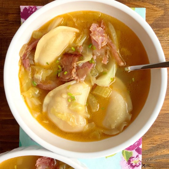 Ham Cabbage and Pierogi Soup