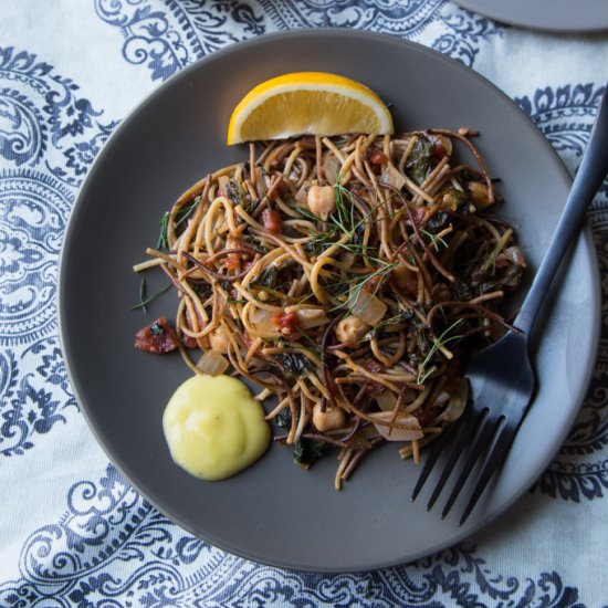 Fideos with Chickpeas and Kale