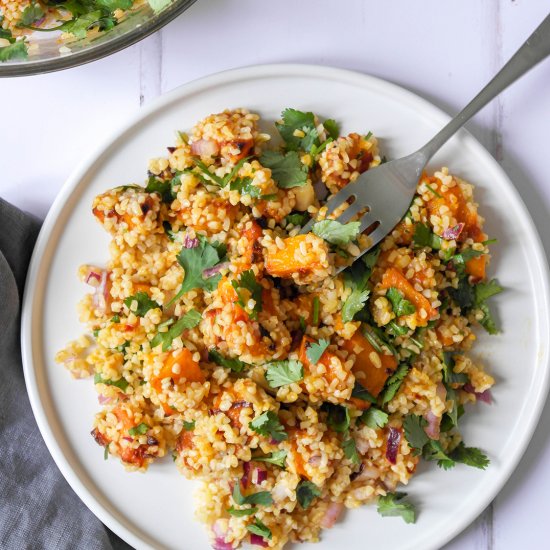 Bulgur salad with harissa squash