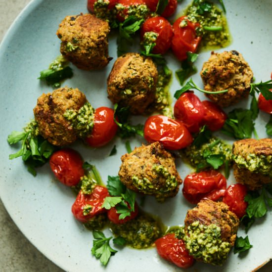 Eggplant “Meatballs” w/ Hemp Pesto