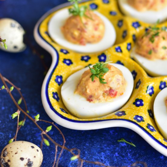 Sun-dried tomato deviled eggs